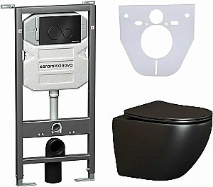 Унитаз подвесной Ceramica Nova Metropol CN4002MB_1001B_1000 черный матовый, безободковый, с крышкой микролифт, с инсталляцией и черной матовой кнопкой купить в интернет-магазине Sanbest