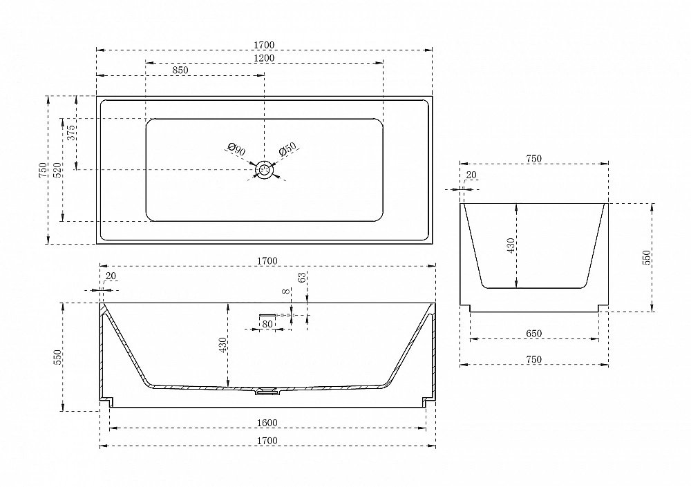 Ванна Abber Stein AS9602 170x75 купить в интернет-магазине Sanbest
