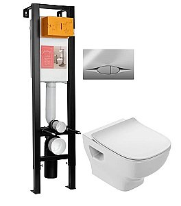 Унитаз подвесной Jacob Delafon STRUKTURA E21754RU-00 безободковый, с крышкой микролифт, с инсталляцией и кнопкой хром купить в интернет-магазине Sanbest