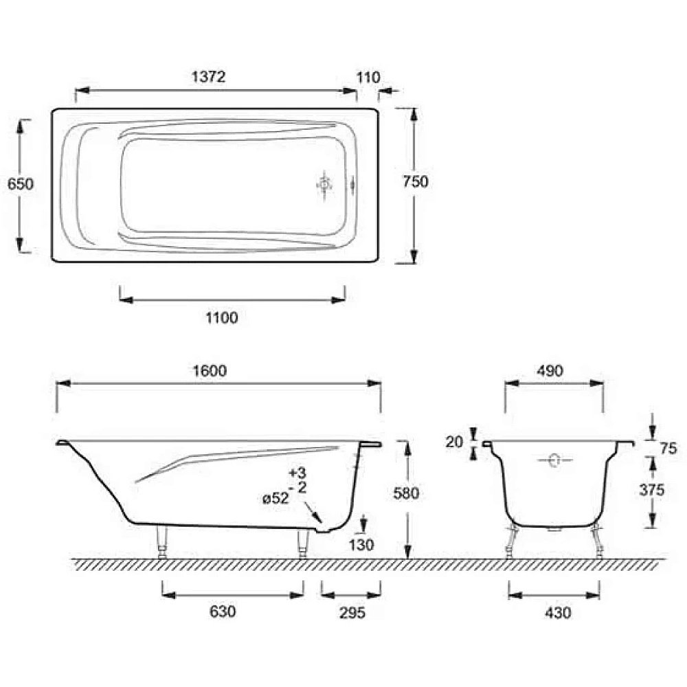 Ванна чугунная Jacob Delafon REPOS E2130-00 160x75 белая купить в интернет-магазине Sanbest