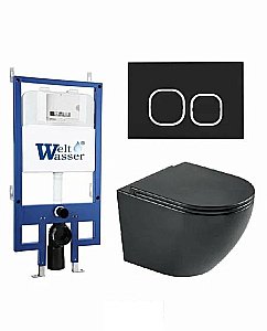 Унитаз с инсталляцией BAMBERG 545+MERZBACH 043 MT-BL+BAMBERG BL черный матовый/кнопка черная, безободковый, с крышкой микролифт, слив торнадо купить в интернет-магазине Sanbest