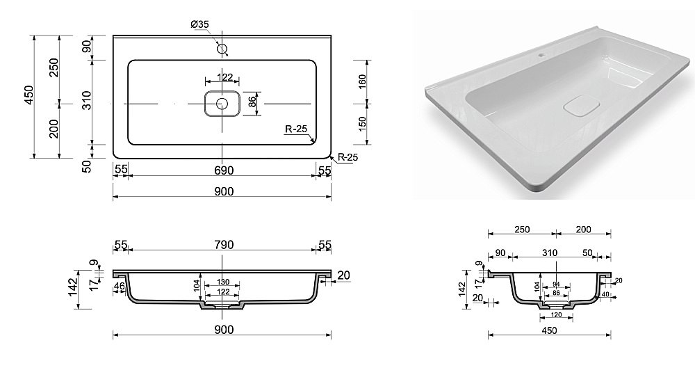 Раковина Эстет Kare Luxe 90 ФР-00015152 белая купить в интернет-магазине Sanbest