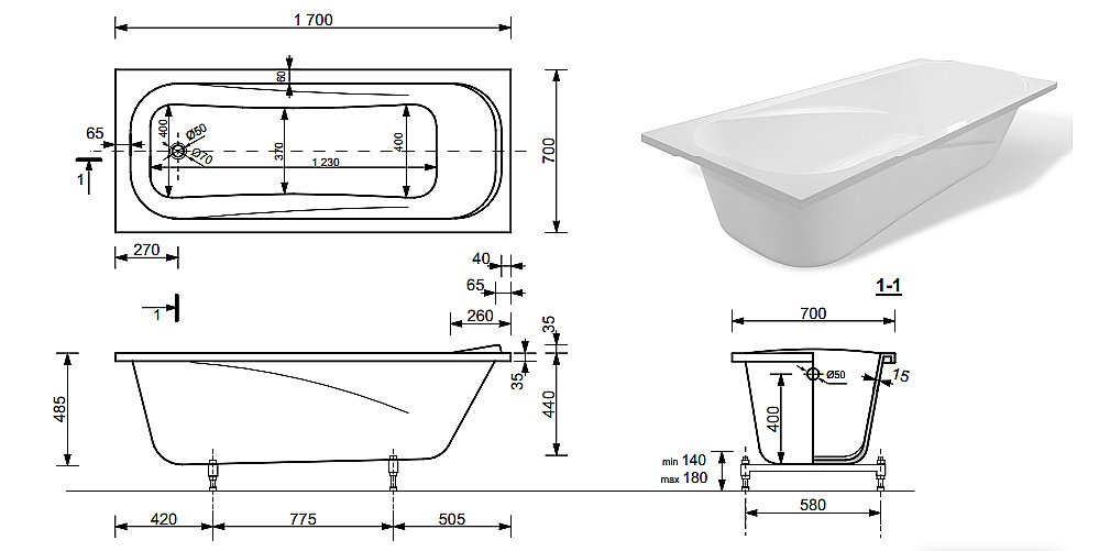 Ванна Эстет Альфа А 170х70 купить в интернет-магазине Sanbest