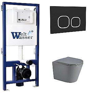 Унитаз с инсталляцией WeltWasser BAMBERG 525+SALZBACH 041 MT-GR+BAMBERG BL серый матовый/кнопка черная, безободковый, с крышкой микролифт, слив торнадо купить в интернет-магазине Sanbest