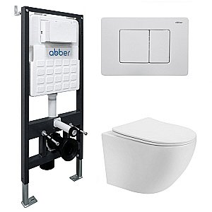 Унитаз подвесной Abber Bequem AC1100T-AC0105-AC0120MW белый, безободковый, с инсталляцией, с крышкой микролифт, слив-торнадо, с белой матовой кнопкой купить в интернет-магазине Sanbest