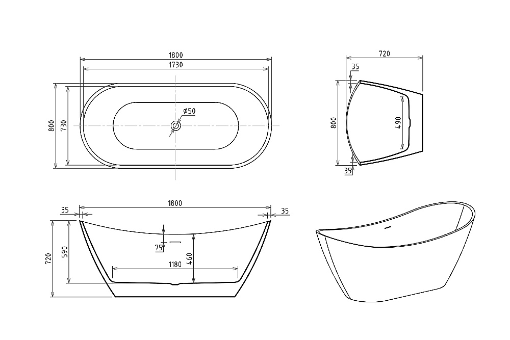 Акриловая ванна Royal Bath Wave RB610102 180х80 Белая/Фурнитура Белая купить в интернет-магазине Sanbest
