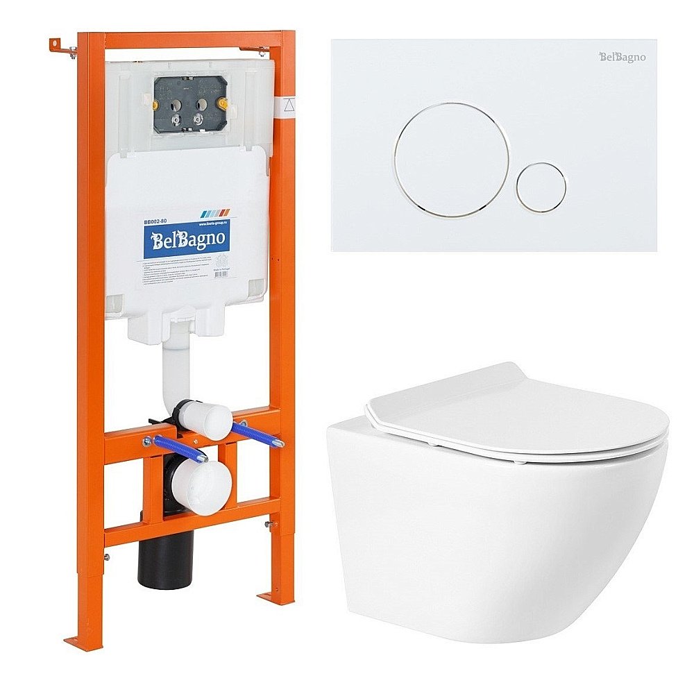 Унитаз подвесной BelBagno Sfera BB046CHR безободковый, с крышкой микролифт, с инсталляцией и белой кнопкой купить в интернет-магазине Sanbest