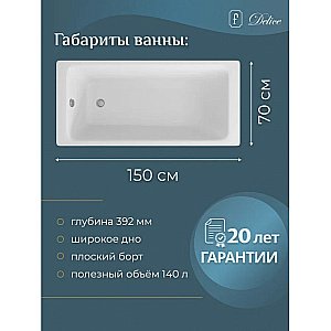 Ванна чугунная Delice Parallel Comfort DLR220503RB 150х70 белая с черными матовыми ручками купить в интернет-магазине Sanbest