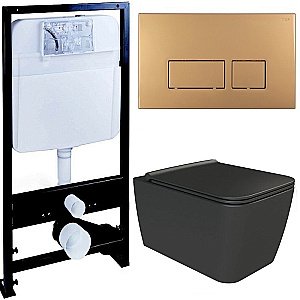 Унитаз Boheme Zen 967-B с инсталяцией и кнопкой 664-G черный/золото, безободковый купить в интернет-магазине Sanbest