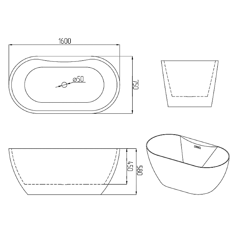 Ванна акриловая Grossman Classic 160х75 GR-12501-1 белая купить в интернет-магазине Sanbest
