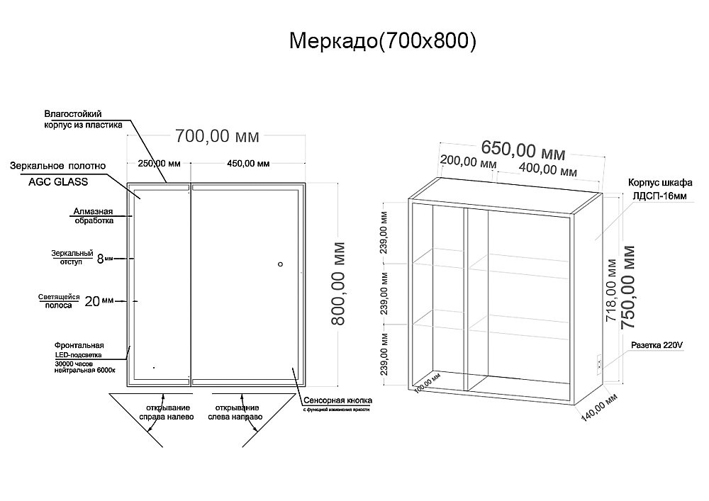 Зеркальный шкаф Grossman Меркадо 70 207008 белый купить в интернет-магазине сантехники Sanbest