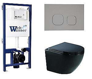 Унитаз с инсталляцией WeltWasser BAMBERG 525+MERZBACH 041 XL MT-BL+BAMBERG CR черный матовый/кнопка хром, безободковый, с крышкой микролифт, слив торнадо купить в интернет-магазине Sanbest
