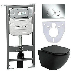 Унитаз подвесной Ceramica Nova METROPOL Rimless CN4002MB_1001CH черный матовый, безободковый, с крышкой микролифт, с инсталляцией и кнопкой хром купить в интернет-магазине Sanbest