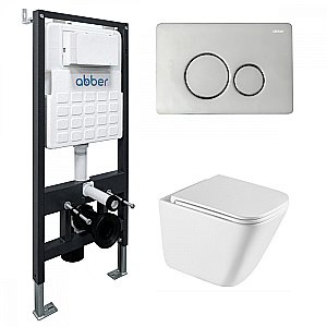Унитаз подвесной ABBER Rechteck AC1219TC-AC0105-AC0121 белый/кнопка хром глянцевый, с крышкой микролифт, с инсталляцией, безободковый, слив-торнадо купить в интернет-магазине Sanbest