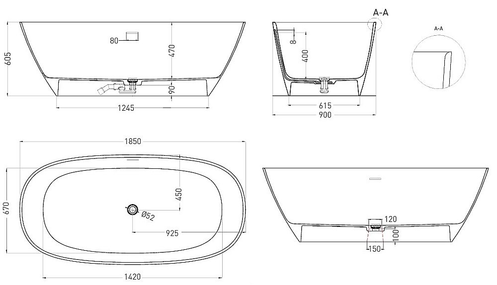 Ванна Salini Sofia S-Stone 102529M 185x90 белая матовая купить в интернет-магазине Sanbest