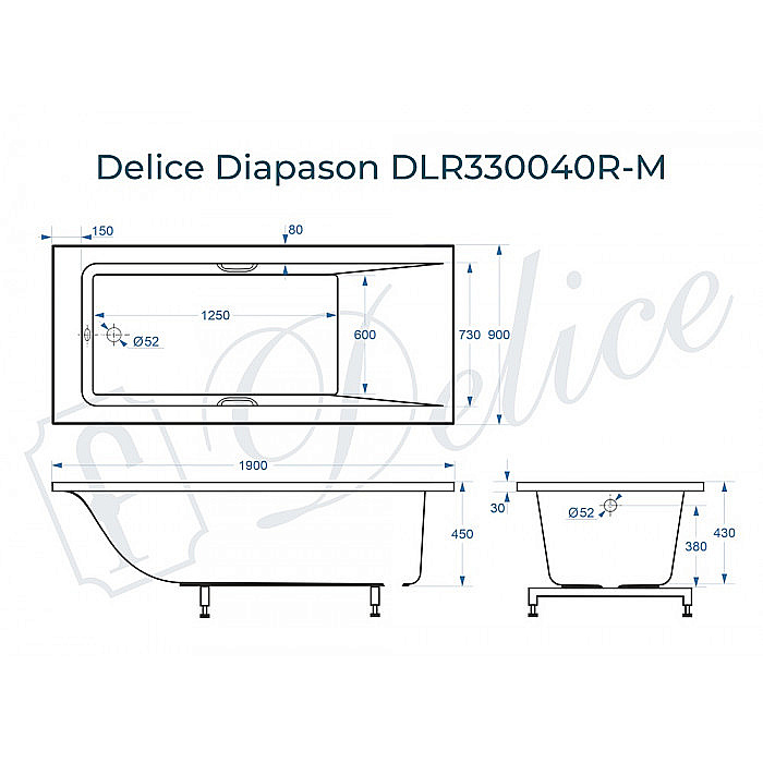 Ванна Delice Diapason DLR330040R-M 190х90 белая матовая/ручки хром купить в интернет-магазине Sanbest