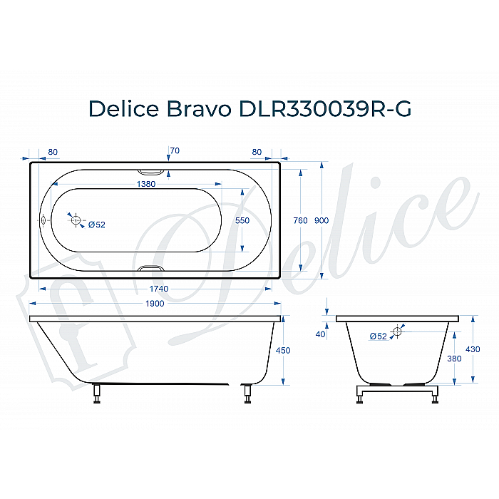 Ванна Delice Bravo DLR330039R-G 190х90 белая/ручки хром купить в интернет-магазине Sanbest