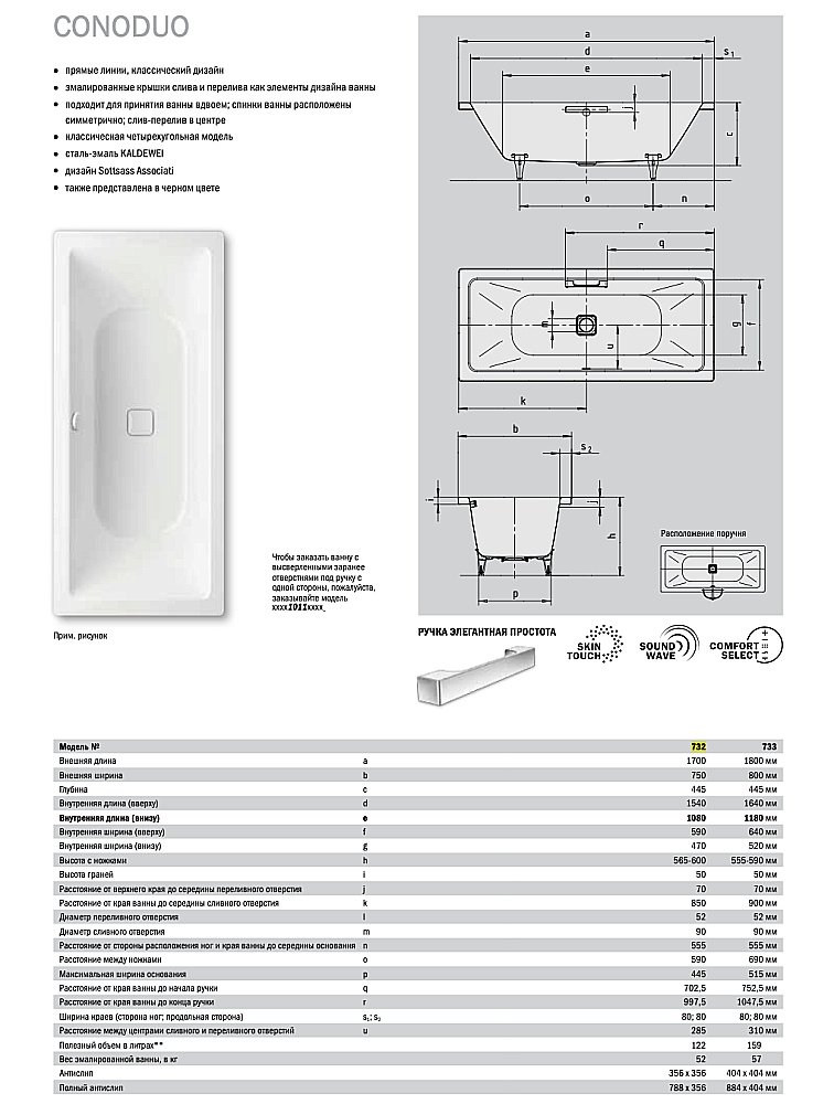 Ванна стальная Kaldewei Conoduo 732 170х75 235000010001 белый купить в интернет-магазине Sanbest
