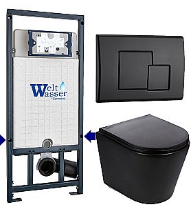 Унитаз подвесной WeltWasser MARBERG 507 + SALZBACH 043 MT-BL + MAR 507 SE MT-BL черный матовый, безободковый, с крышкой микролифт, слив торнадо, с инсталляцией и черной матовой кнопкой купить в интернет-магазине Sanbest