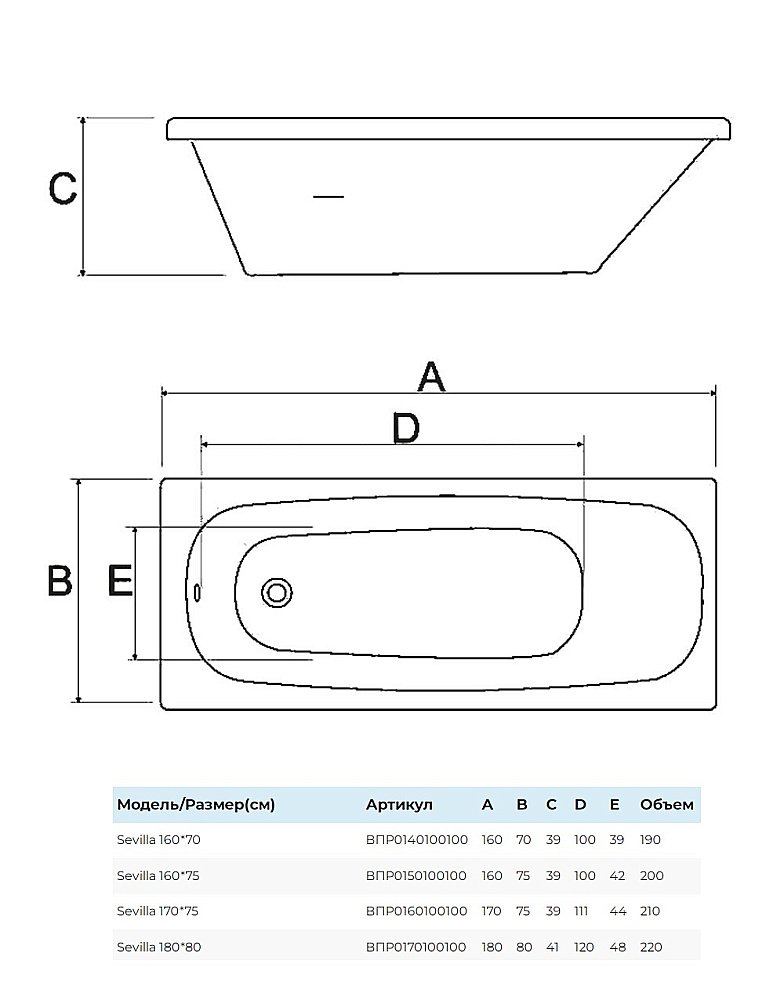 Ванна Alba Spa Sevilla ВПР0160100100 170х75 белая купить в интернет-магазине Sanbest