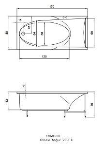 Акриловая ванна Aquatika Кинетика H2O Standart 170x80 купить в интернет-магазине Sanbest