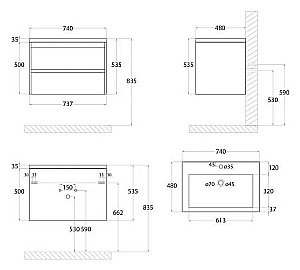 Тумба с раковиной Art&Max Family-M 75 подвесная, угольный камень для ванной в интернет-магазине Sanbest
