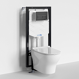 Унитаз подвесной WasserKRAFT Berkel 56TLT.010.ME.MB03.H001 безободковый, с инсталляцией Vils 56, с крышкой микролифт, белый/кнопка черный Soft Touch купить в интернет-магазине Sanbest