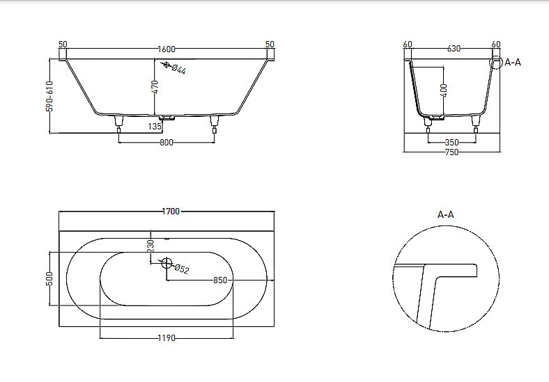 Ванна Salini Ornella AXIS S-Sense 170x75 103413G белая купить в интернет-магазине Sanbest