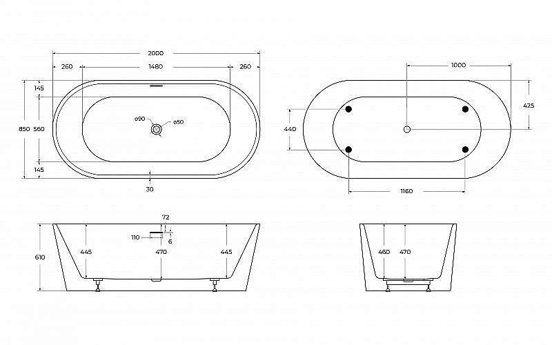 Ванна акриловая BelBagno BB416-2000-850 белая купить в интернет-магазине Sanbest
