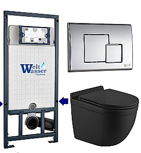 Унитаз подвесной WeltWasser MARBERG 507 + HEIMBACH 043 MT-BL + MAR 507 SE-CR черный матовый, безободковый, с крышкой микролифт, слив-торнадо, с инсталляцией и кнопкой хром глянцевый купить в интернет-магазине Sanbest