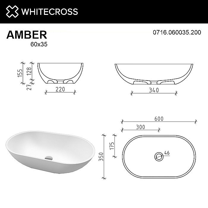 Раковина накладная WhiteCross AMBER 60 0716.060035.200 белая матовая купить в интернет-магазине Sanbest
