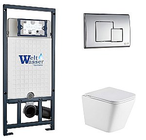 Унитаз подвесной WeltWasser MARBERG 507 + GELBACH 043 MT-WT + MAR 507 SE CR белый матовый, безободковый, с крышкой микролифт, слив-торнадо, с инсталляцией и кнопкой хром купить в интернет-магазине Sanbest