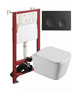 Унитаз подвесной с инсталляцией Agger ATI04100+APB144 белый, с крышкой микролифт, безободковый, с черной матовой кнопкой купить в интернет-магазине Sanbest