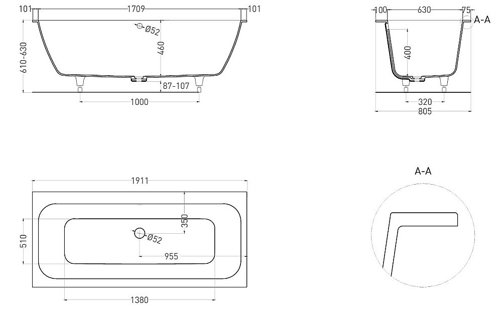 Ванна Salini Orlanda AXIS S-Sense 190x80 103211GF RAL купить в интернет-магазине Sanbest