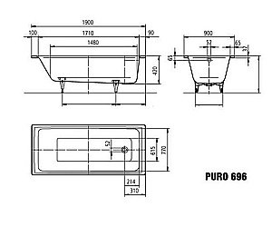 Ванна стальная Kaldewei Puro 696 190x90 259600013001 Easy-clean белый купить в интернет-магазине Sanbest