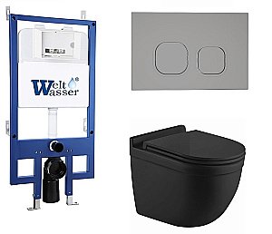 Унитаз подвесной WeltWasser BAMBERG 545+HEIMBACH 043 MT-BL+BAMBERG CR черный матовый, безободковый, с крышкой микролифт, слив-торнадо, с инсталляцией и кнопкой хром купить в интернет-магазине Sanbest