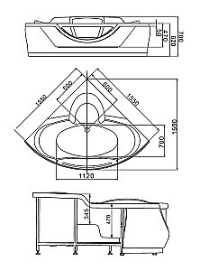 Ванна акриловая Gemy Glass Panel G9025 II O 155х155 белая с гидромассажем купить в интернет-магазине Sanbest