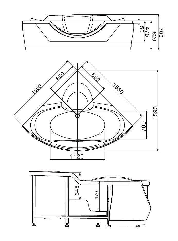 Ванна акриловая Gemy Glass Panel G9025 II O 155х155 белая с гидромассажем купить в интернет-магазине Sanbest