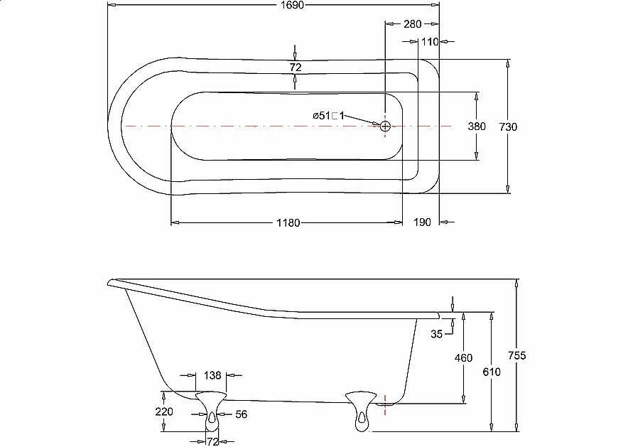 Ванна акриловая Burlington Harewood Slipper 169х73 купить в интернет-магазине Sanbest