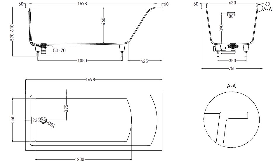 Ванна Salini Cascata Kit S-Stone 170х75 104323MF RAL матовая купить в интернет-магазине Sanbest