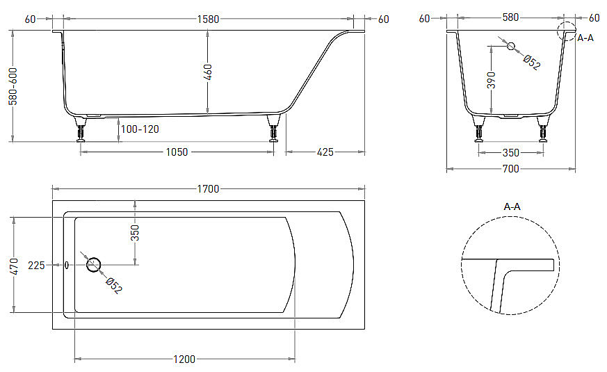 Ванна Salini CASCATA KIT S-sense 104813G 170x70 белая купить в интернет-магазине Sanbest