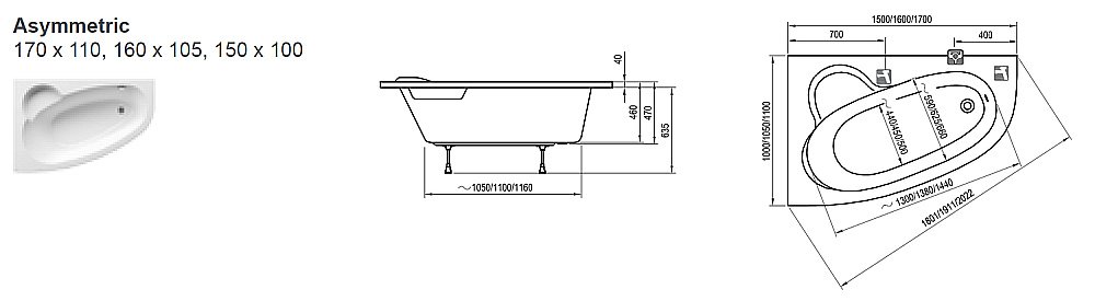 Ванна акриловая Ravak ASYMMETRIC 150X100 белая купить в интернет-магазине Sanbest