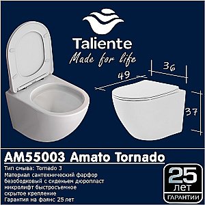 Унитаз подвесной Taliente Amato Tornado 3 AM55003 безободковый, смыв торнадо, с крышкой микролифт, белый купить в интернет-магазине Sanbest