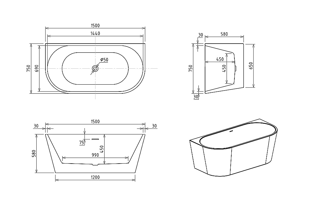 Акриловая ванна Royal Bath RIVA RB610210GR 150х75 белый купить в интернет-магазине Sanbest