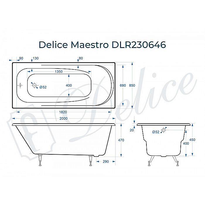 Ванна чугунная Delice Maestro DLR230646 200х85 белая купить в интернет-магазине Sanbest