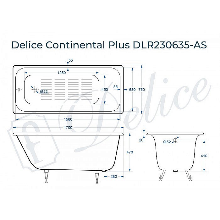 Ванна чугунная Delice Continental PLUS Elite DLR230635-AS 170х75 белая купить в интернет-магазине Sanbest