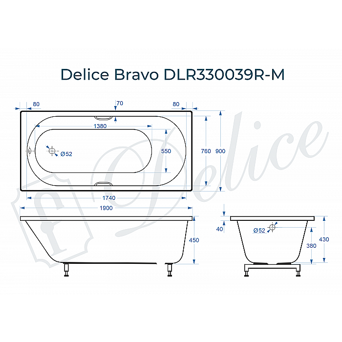 Ванна Delice Bravo DLR330039R-M 190х90 белая матовая/ручки хром купить в интернет-магазине Sanbest