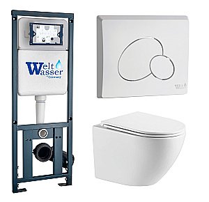 Унитаз подвесной WeltWasser MARBERG 410 + MERZBACH 043 GL-WT + MAR 410 RD GL-WT белый глянцевый, безободковый, с крышкой микролифт, слив-торнадо, с инсталляцией и белой глянцевой кнопкой купить в интернет-магазине Sanbest