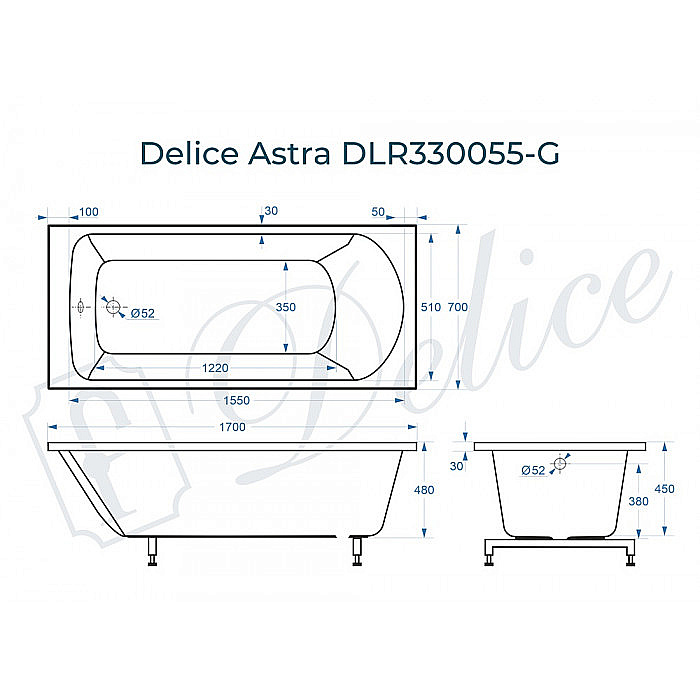 Ванна Delice Astra DLR330055-G 170х70 белая купить в интернет-магазине Sanbest