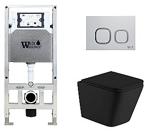 Унитаз подвесной WeltWasser AMBERG 506 ST + GELBACH 043 MT-BL + AMBERG RD-WT черный матовый, безободковый, с крышкой микролифт, слив-торнадо, с инсталляцией и белой кнопкой купить в интернет-магазине Sanbest